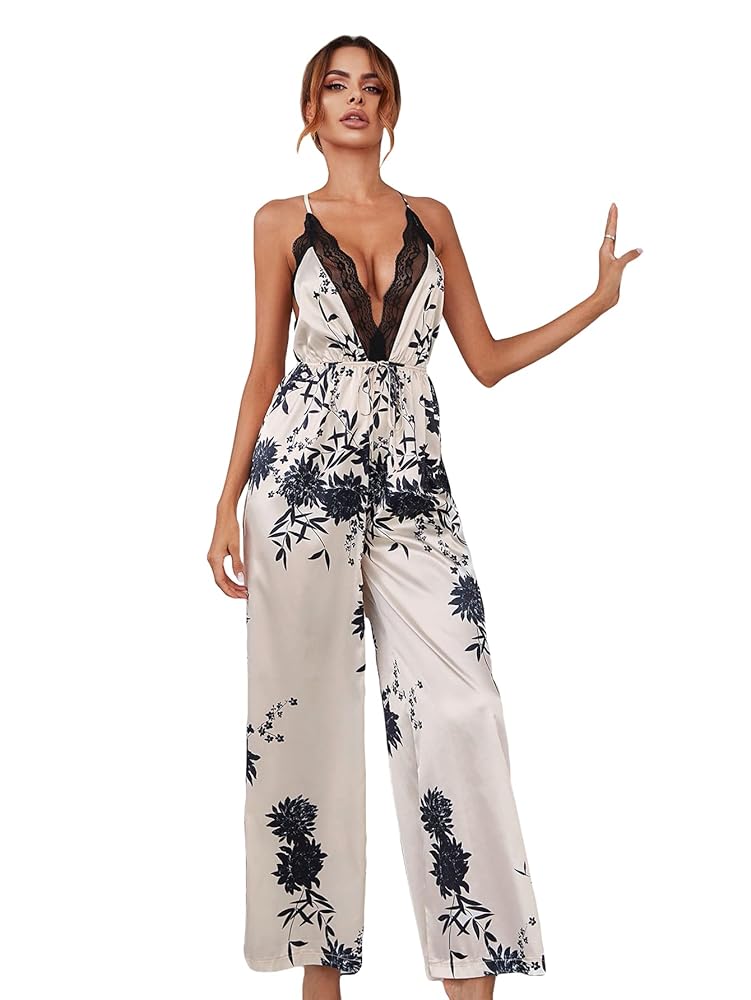 WDIRARA Women's Lace Trim Floral Print Backless Sleep Romper